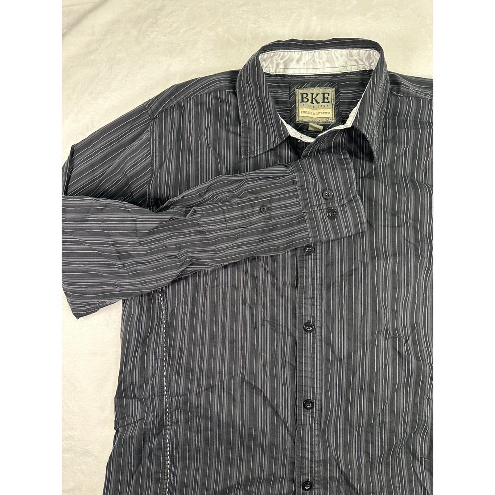 BKE Button Front Shirt Large Black Striped Athletic Fit Stretch Mens